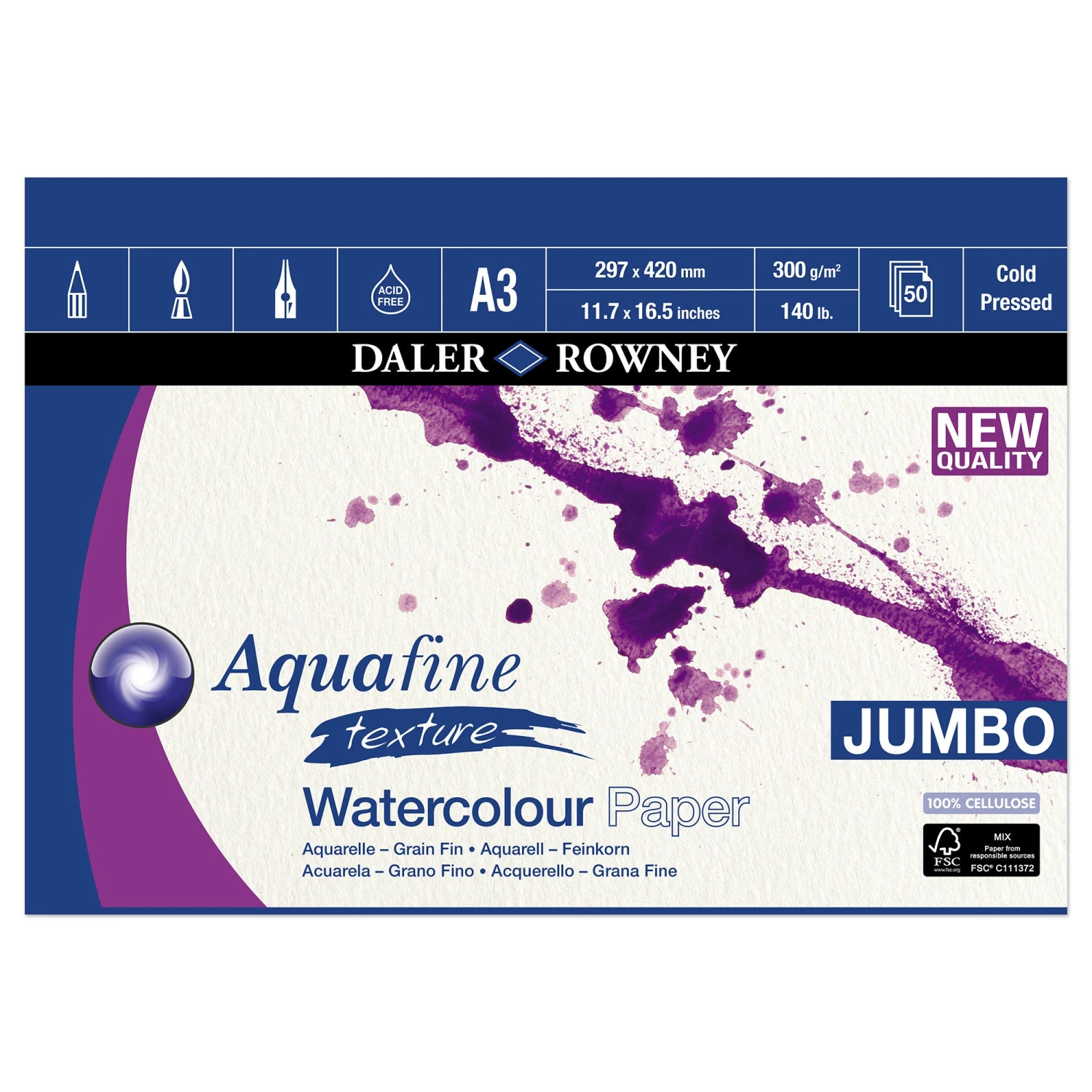Daler-Rowney Aquafine JUMBO Watercolour Pads - 300gsm (140lb) - COLD PRESSED 2 Daler-Rowney Aquafine JUMBO Watercolour Pads - 300gsm (140lb) - COLD PRESSED - Image 2