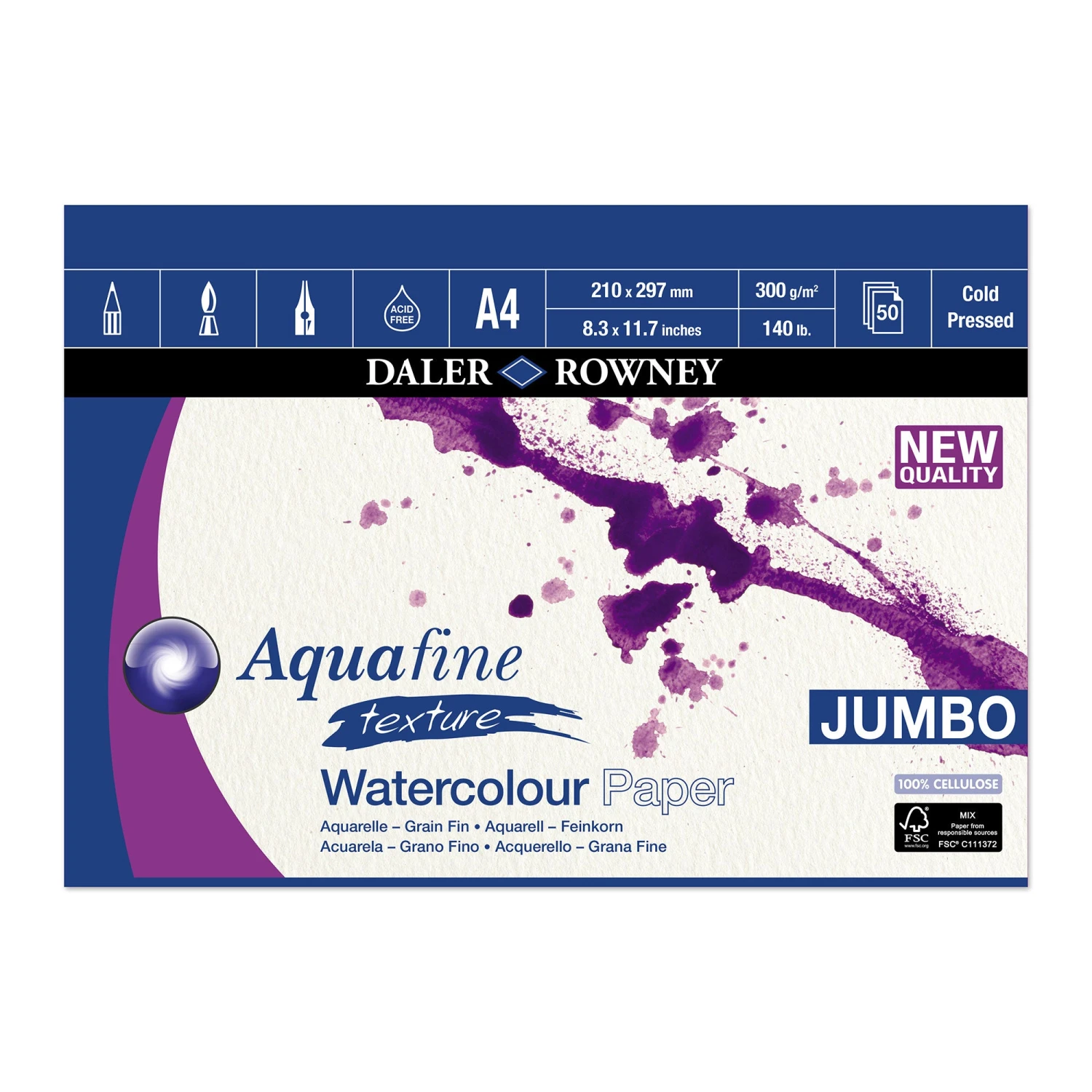 Daler-Rowney Aquafine JUMBO Watercolour Pads - 300gsm (140lb) - COLD PRESSED 1 Daler-Rowney Aquafine JUMBO Watercolour Pads - 300gsm (140lb) - COLD PRESSED