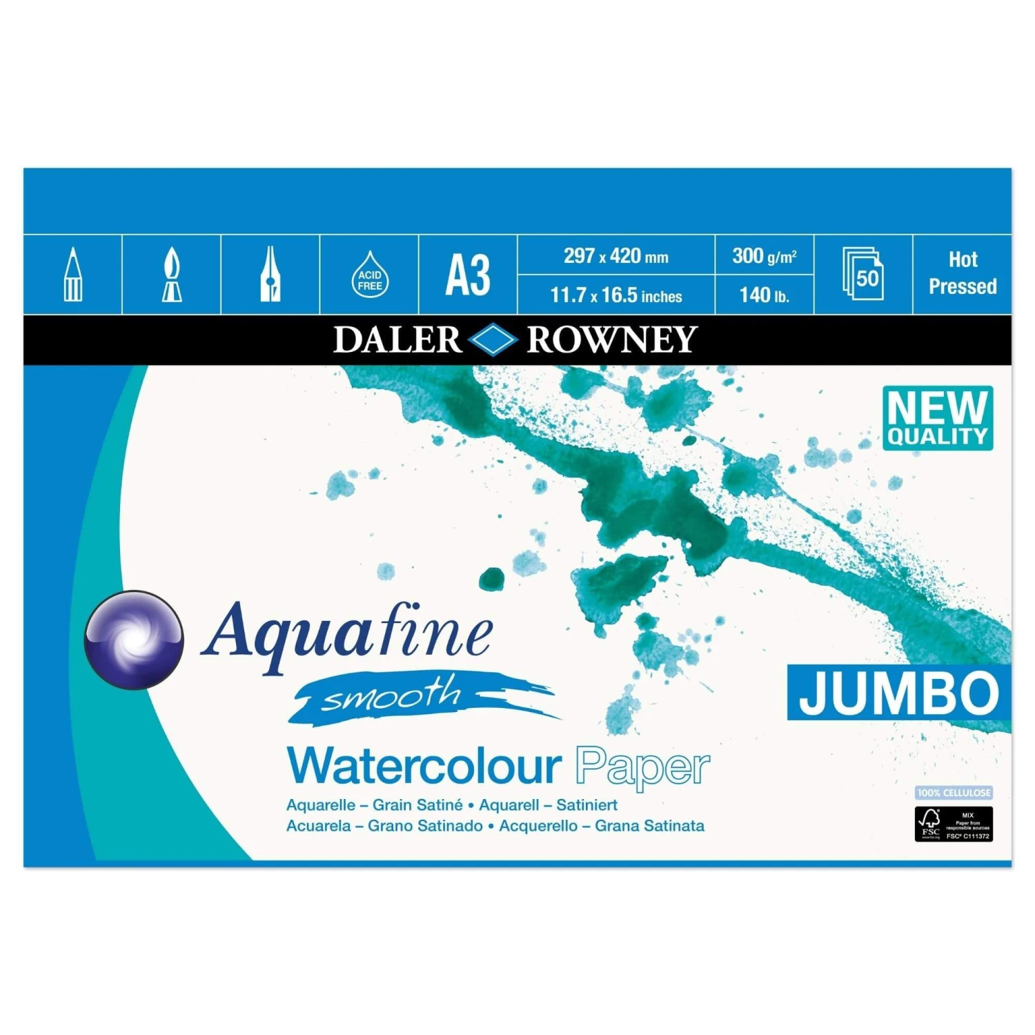 Daler-Rowney Aquafine JUMBO Watercolour Pads - 300gsm (140lb) - HOT PRESSED 2 Daler-Rowney Aquafine JUMBO Watercolour Pads - 300gsm (140lb) - HOT PRESSED - Image 2